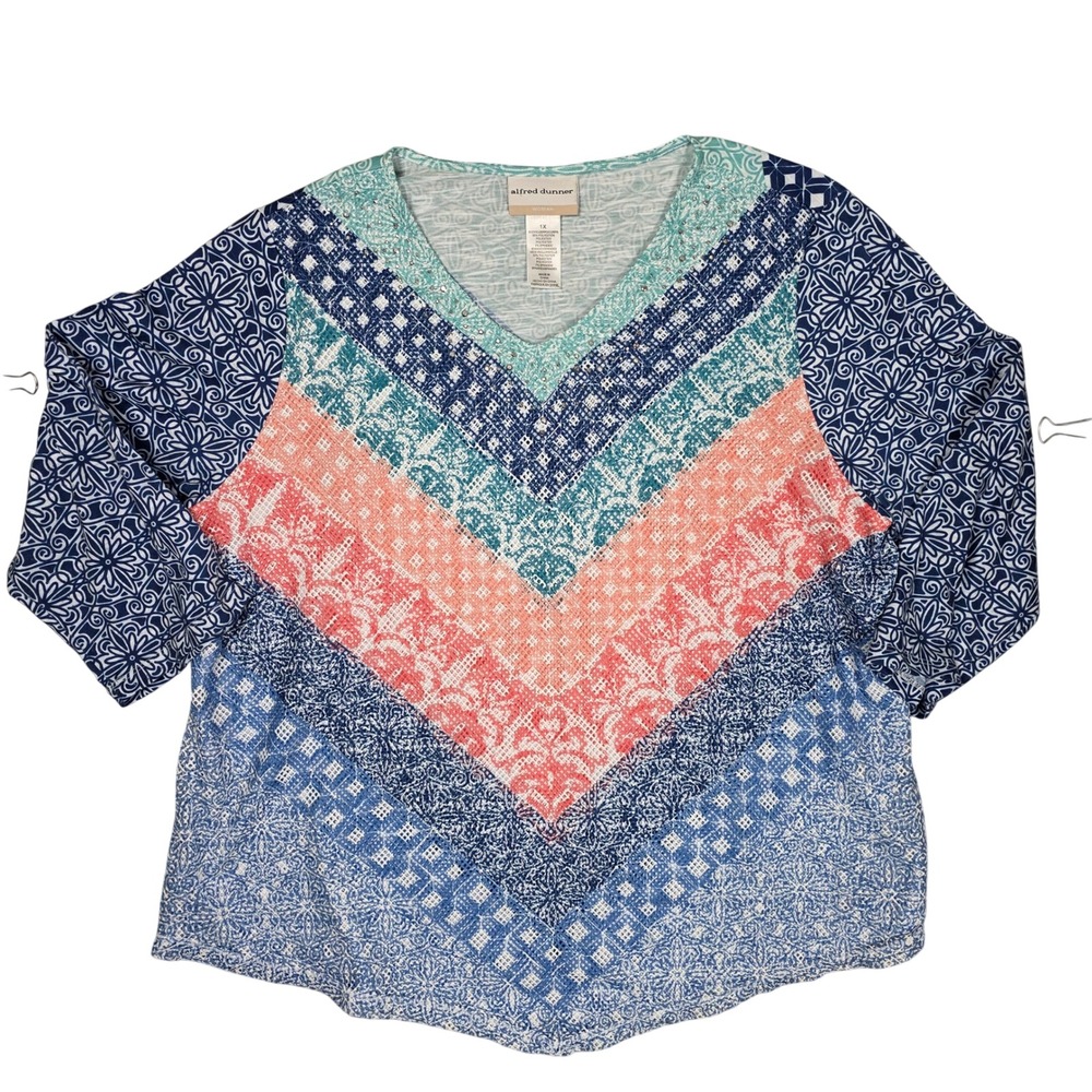 Alfred Dunner V-Neck Chevron Pattern 3/4 Sleeve Top Women 1X Grannycore Coastal